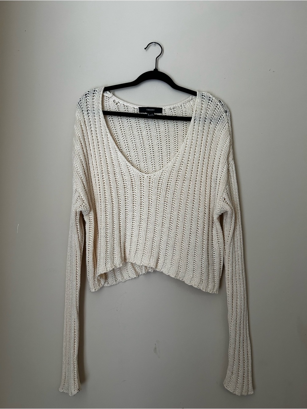 Forever 21 Cream Open-Knit V-Neck Sweater